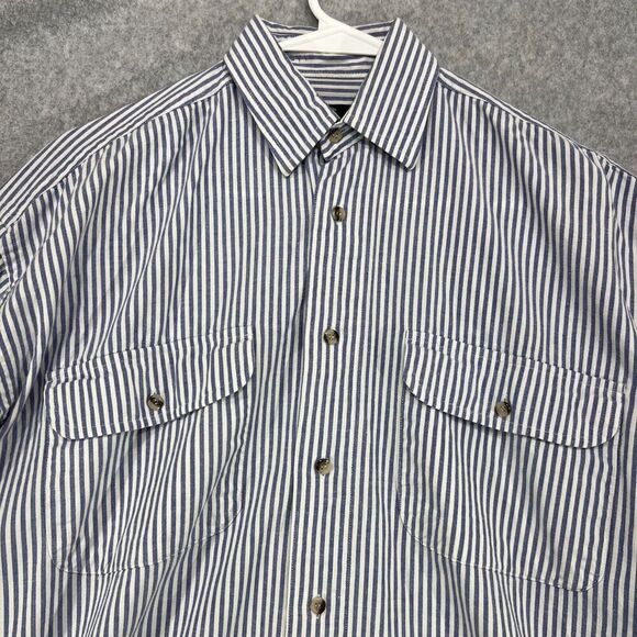 Roots Button Up Shirt Mens Small Blue White Striped Long Sleeve Chambray Pockets - Picture 2 of 12